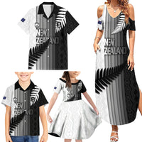 Custom New Zealand Football Family Matching Summer Maxi Dress and Hawaiian Shirt Silver Fern Maori Pattern Monochrome DT05 - Polynesian Pride