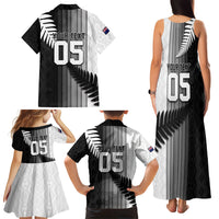 Custom New Zealand Football Family Matching Tank Maxi Dress and Hawaiian Shirt Silver Fern Maori Pattern Monochrome DT05 - Polynesian Pride
