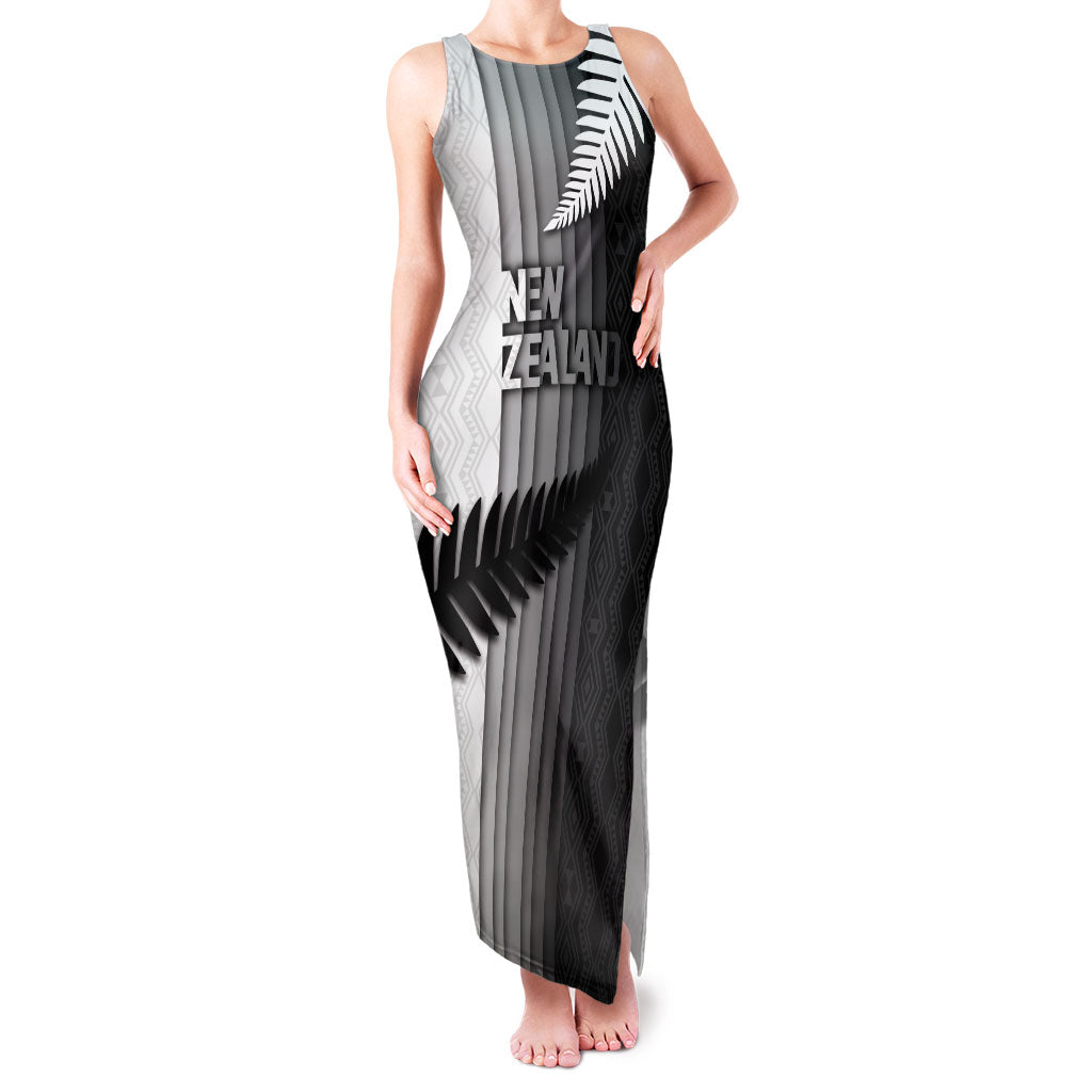Custom New Zealand Football Family Matching Tank Maxi Dress and Hawaiian Shirt Silver Fern Maori Pattern Monochrome DT05 Mom's Dress White - Polynesian Pride