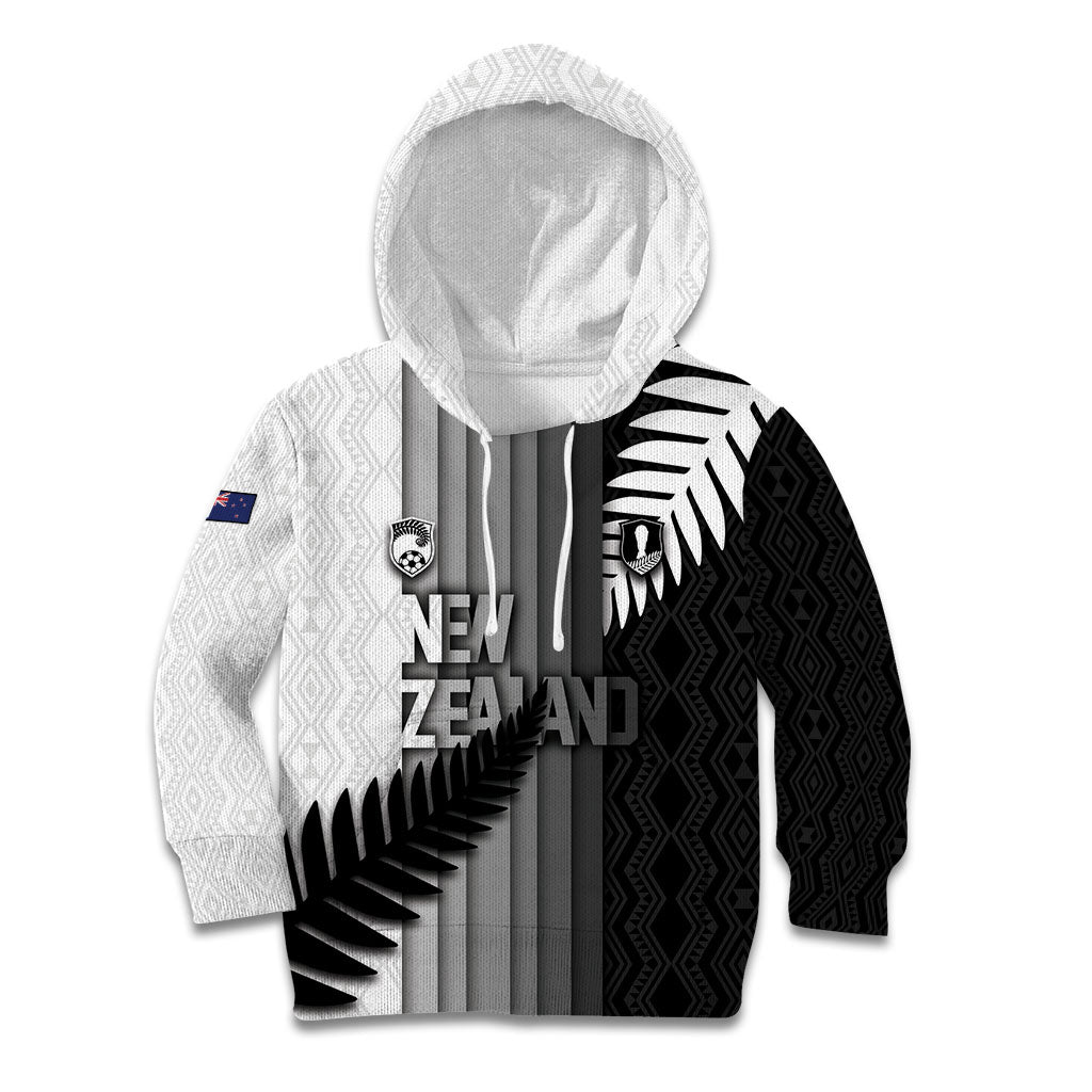 Custom New Zealand Football Kid Hoodie Silver Fern Maori Pattern Monochrome DT05 Hoodie White - Polynesian Pride