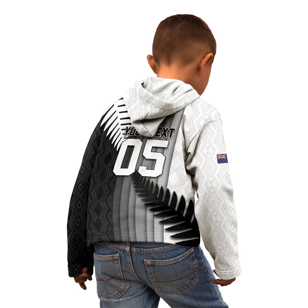 Custom New Zealand Football Kid Hoodie Silver Fern Maori Pattern Monochrome DT05 - Polynesian Pride
