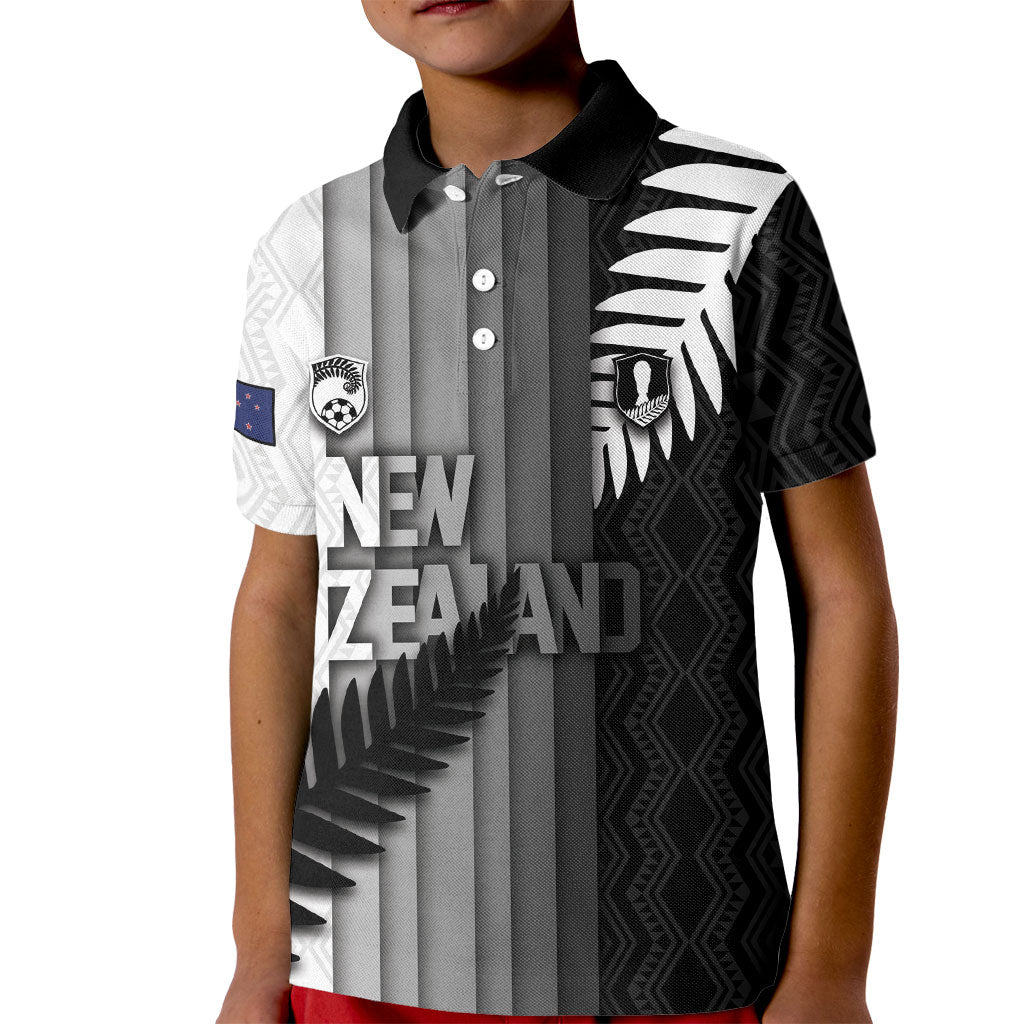 Custom New Zealand Football Kid Polo Shirt Silver Fern Maori Pattern Monochrome DT05 Kid White - Polynesian Pride