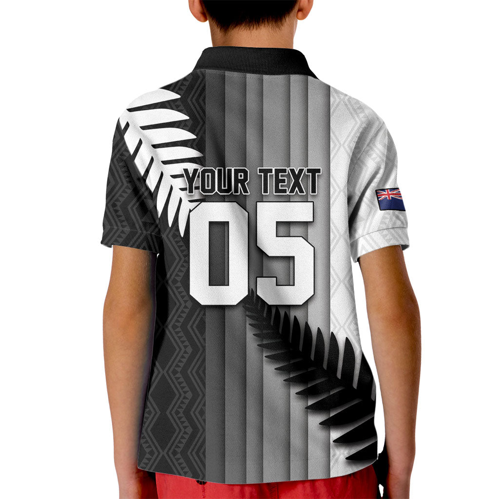 Custom New Zealand Football Kid Polo Shirt Silver Fern Maori Pattern Monochrome DT05 - Polynesian Pride
