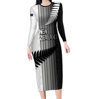 Custom New Zealand Football Long Sleeve Bodycon Dress Silver Fern Maori Pattern Monochrome DT05 Long Dress White - Polynesian Pride