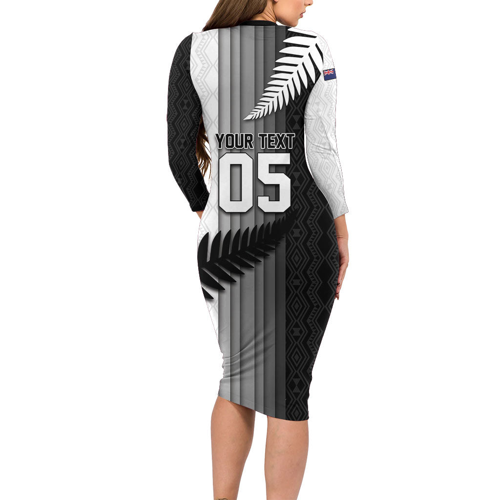 Custom New Zealand Football Long Sleeve Bodycon Dress Silver Fern Maori Pattern Monochrome DT05 - Polynesian Pride