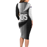Custom New Zealand Football Long Sleeve Bodycon Dress Silver Fern Maori Pattern Monochrome DT05 - Polynesian Pride