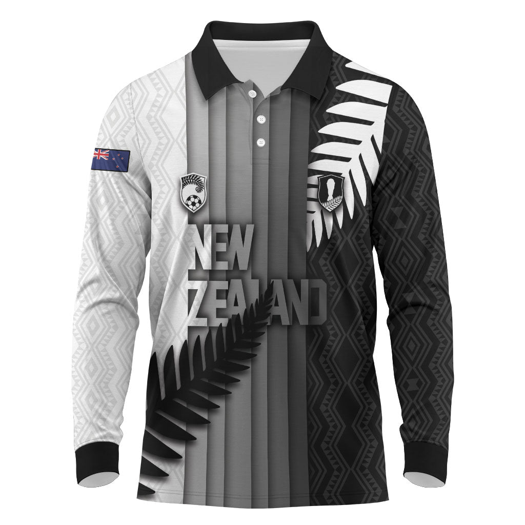 Custom New Zealand Football Long Sleeve Polo Shirt Silver Fern Maori Pattern Monochrome DT05 White - Polynesian Pride