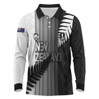 Custom New Zealand Football Long Sleeve Polo Shirt Silver Fern Maori Pattern Monochrome DT05 White - Polynesian Pride