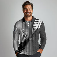 Custom New Zealand Football Long Sleeve Polo Shirt Silver Fern Maori Pattern Monochrome DT05 - Polynesian Pride