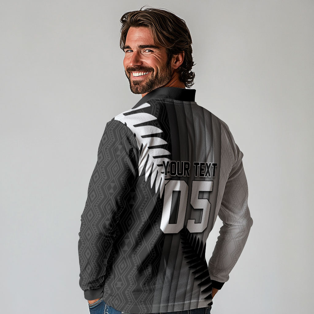 Custom New Zealand Football Long Sleeve Polo Shirt Silver Fern Maori Pattern Monochrome DT05 - Polynesian Pride
