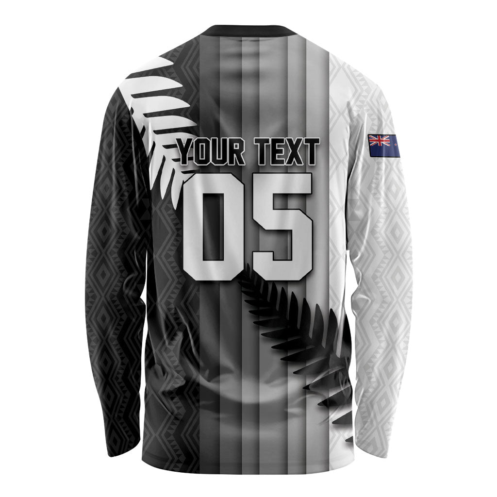 Custom New Zealand Football Long Sleeve Shirt Silver Fern Maori Pattern Monochrome DT05 - Polynesian Pride