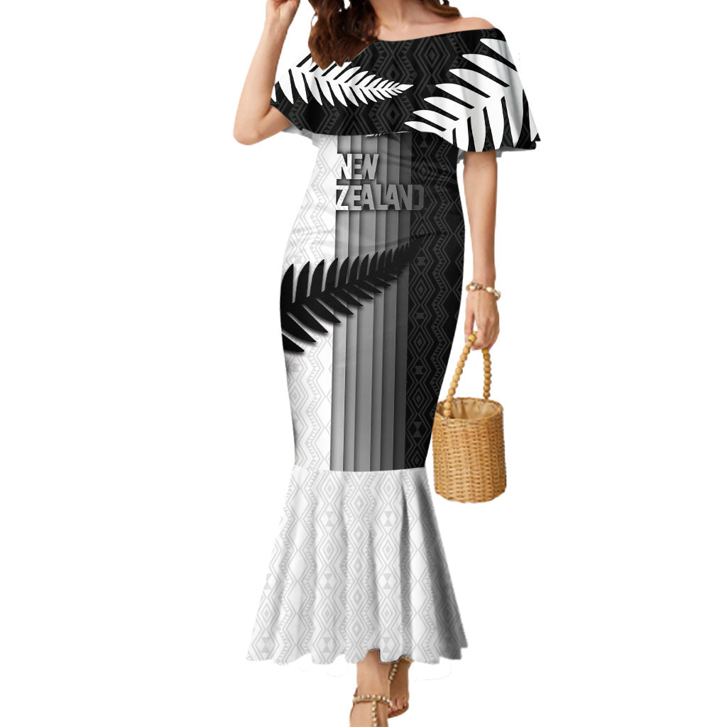 Custom New Zealand Football Mermaid Dress Silver Fern Maori Pattern Monochrome DT05 Women White - Polynesian Pride