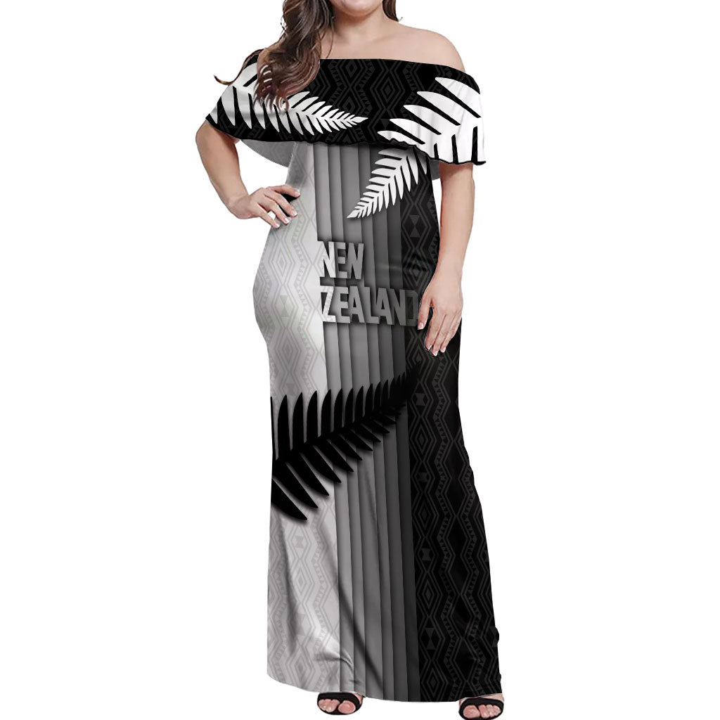 Custom New Zealand Football Off Shoulder Maxi Dress Silver Fern Maori Pattern Monochrome DT05 Women White - Polynesian Pride