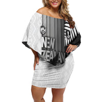 Custom New Zealand Football Off Shoulder Short Dress Silver Fern Maori Pattern Monochrome DT05 Women White - Polynesian Pride