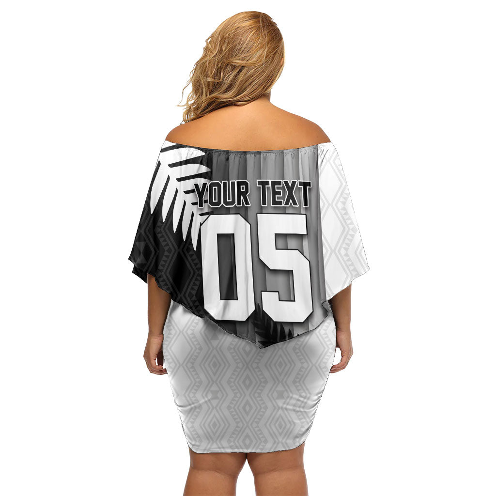 Custom New Zealand Football Off Shoulder Short Dress Silver Fern Maori Pattern Monochrome DT05 - Polynesian Pride
