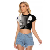 Custom New Zealand Football Raglan Cropped T Shirt Silver Fern Maori Pattern Monochrome DT05 Female White - Polynesian Pride