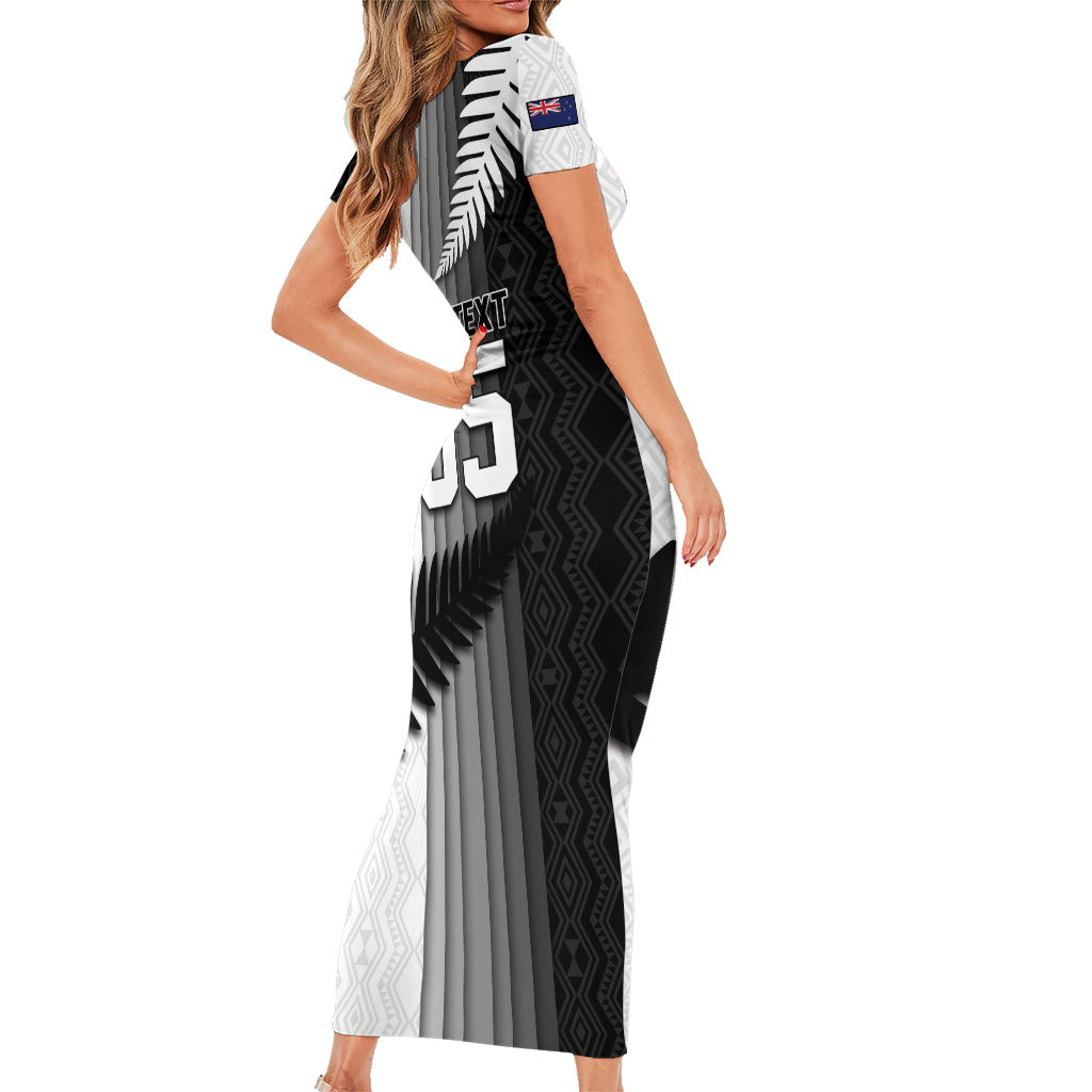 Custom New Zealand Football Short Sleeve Bodycon Dress Silver Fern Maori Pattern Monochrome DT05 - Polynesian Pride
