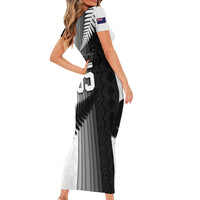 Custom New Zealand Football Short Sleeve Bodycon Dress Silver Fern Maori Pattern Monochrome DT05 - Polynesian Pride