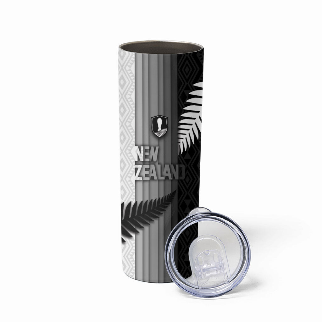 Custom New Zealand Football Skinny Tumbler Silver Fern Maori Pattern Monochrome DT05 - Polynesian Pride