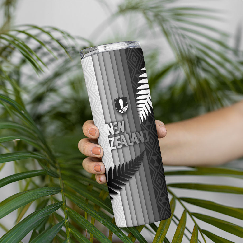 Custom New Zealand Football Skinny Tumbler Silver Fern Maori Pattern Monochrome DT05 - Polynesian Pride