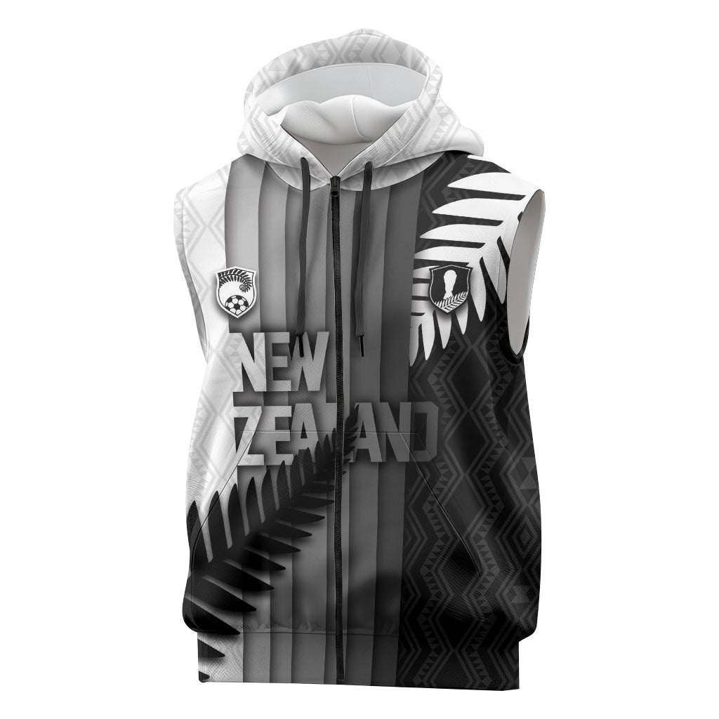 Custom New Zealand Football Sleeveless Zip Hoodie Silver Fern Maori Pattern Monochrome DT05 White - Polynesian Pride