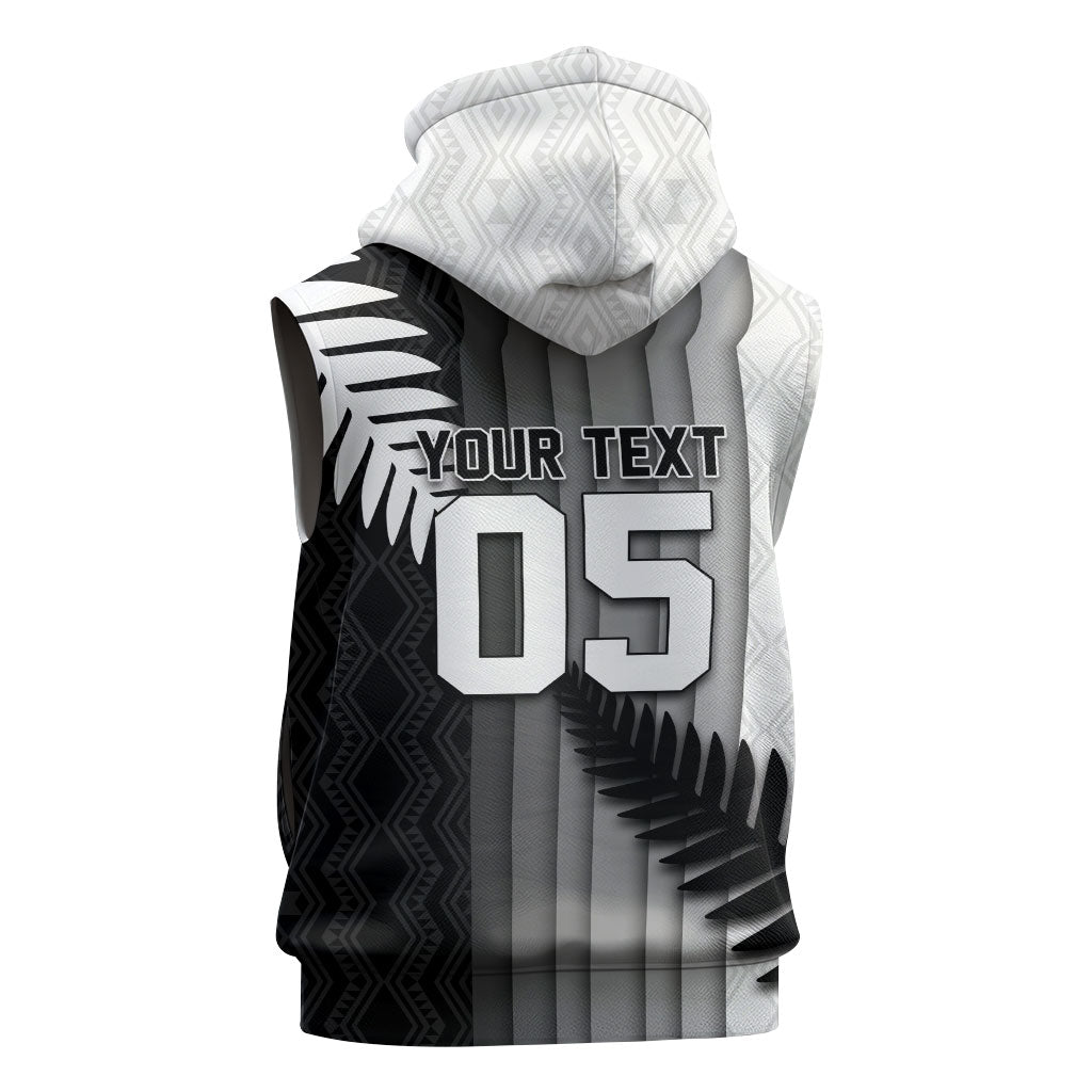 Custom New Zealand Football Sleeveless Zip Hoodie Silver Fern Maori Pattern Monochrome DT05 - Polynesian Pride