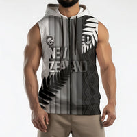 Custom New Zealand Football Sleeveless Zip Hoodie Silver Fern Maori Pattern Monochrome DT05 - Polynesian Pride