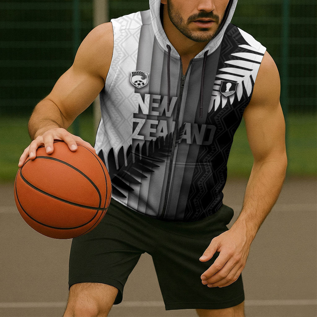 Custom New Zealand Football Sleeveless Zip Hoodie Silver Fern Maori Pattern Monochrome DT05 - Polynesian Pride