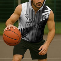 Custom New Zealand Football Sleeveless Zip Hoodie Silver Fern Maori Pattern Monochrome DT05 - Polynesian Pride