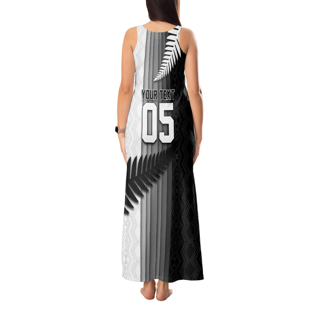 Custom New Zealand Football Tank Maxi Dress Silver Fern Maori Pattern Monochrome DT05 - Polynesian Pride