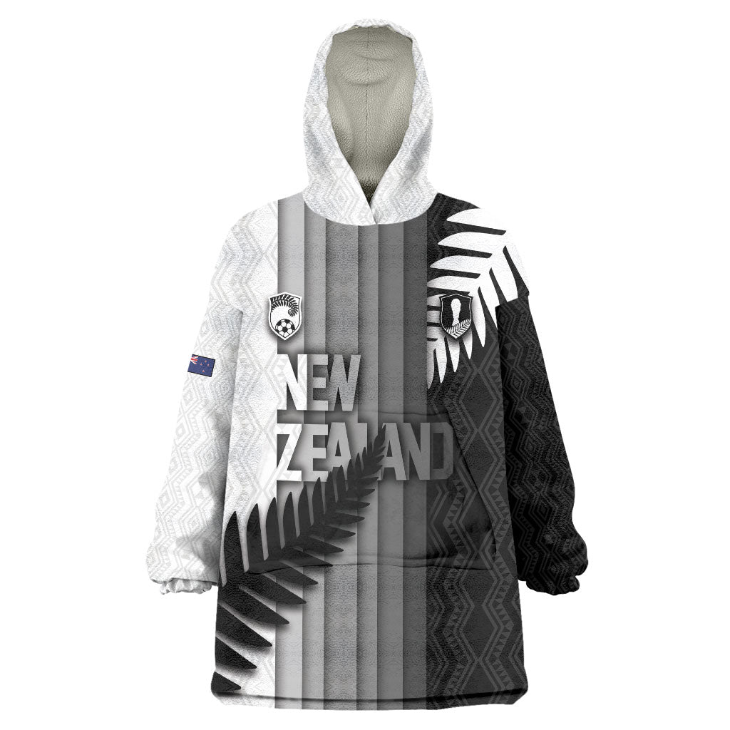 Custom New Zealand Football Wearable Blanket Hoodie Silver Fern Maori Pattern Monochrome DT05 One Size White - Polynesian Pride