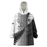 Custom New Zealand Football Wearable Blanket Hoodie Silver Fern Maori Pattern Monochrome DT05 One Size White - Polynesian Pride