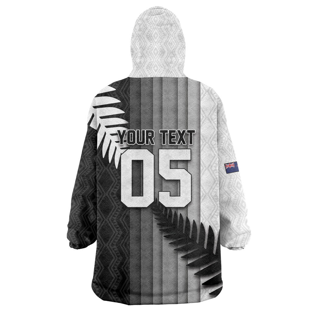Custom New Zealand Football Wearable Blanket Hoodie Silver Fern Maori Pattern Monochrome DT05 - Polynesian Pride