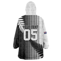 Custom New Zealand Football Wearable Blanket Hoodie Silver Fern Maori Pattern Monochrome DT05 - Polynesian Pride