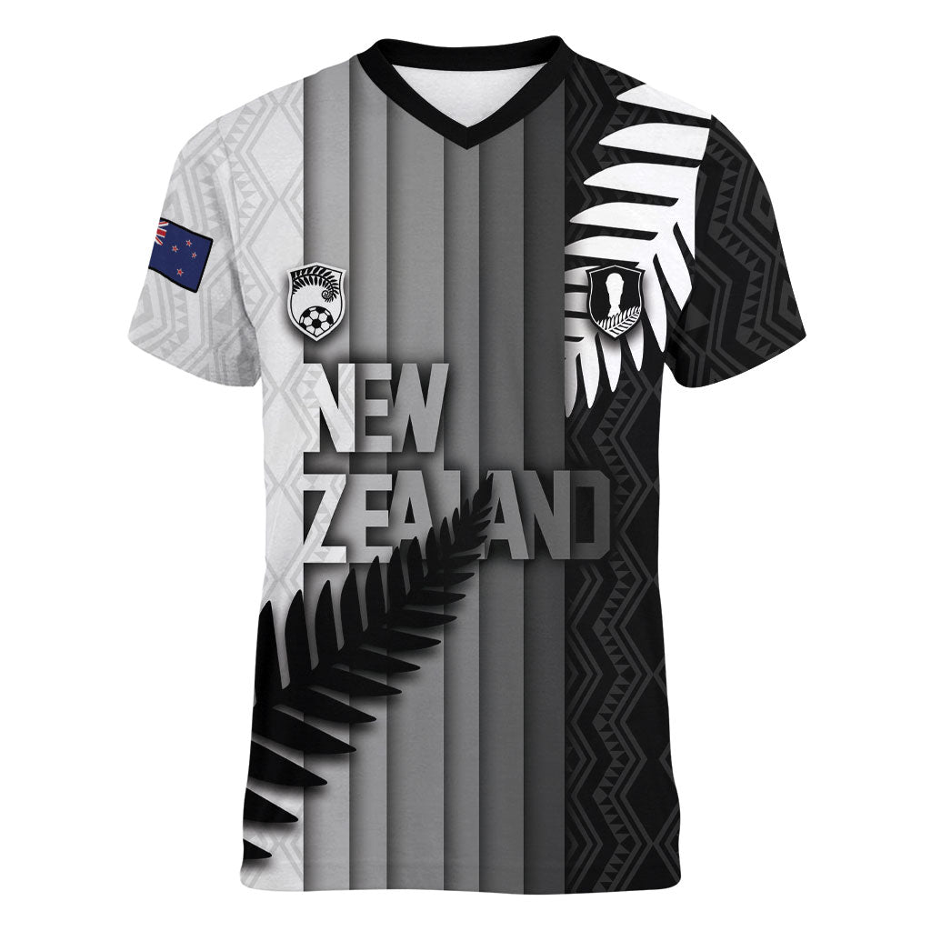 Custom New Zealand Football Women V-Neck T-Shirt Silver Fern Maori Pattern Monochrome DT05 Female White - Polynesian Pride