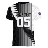 Custom New Zealand Football Women V-Neck T-Shirt Silver Fern Maori Pattern Monochrome DT05 - Polynesian Pride