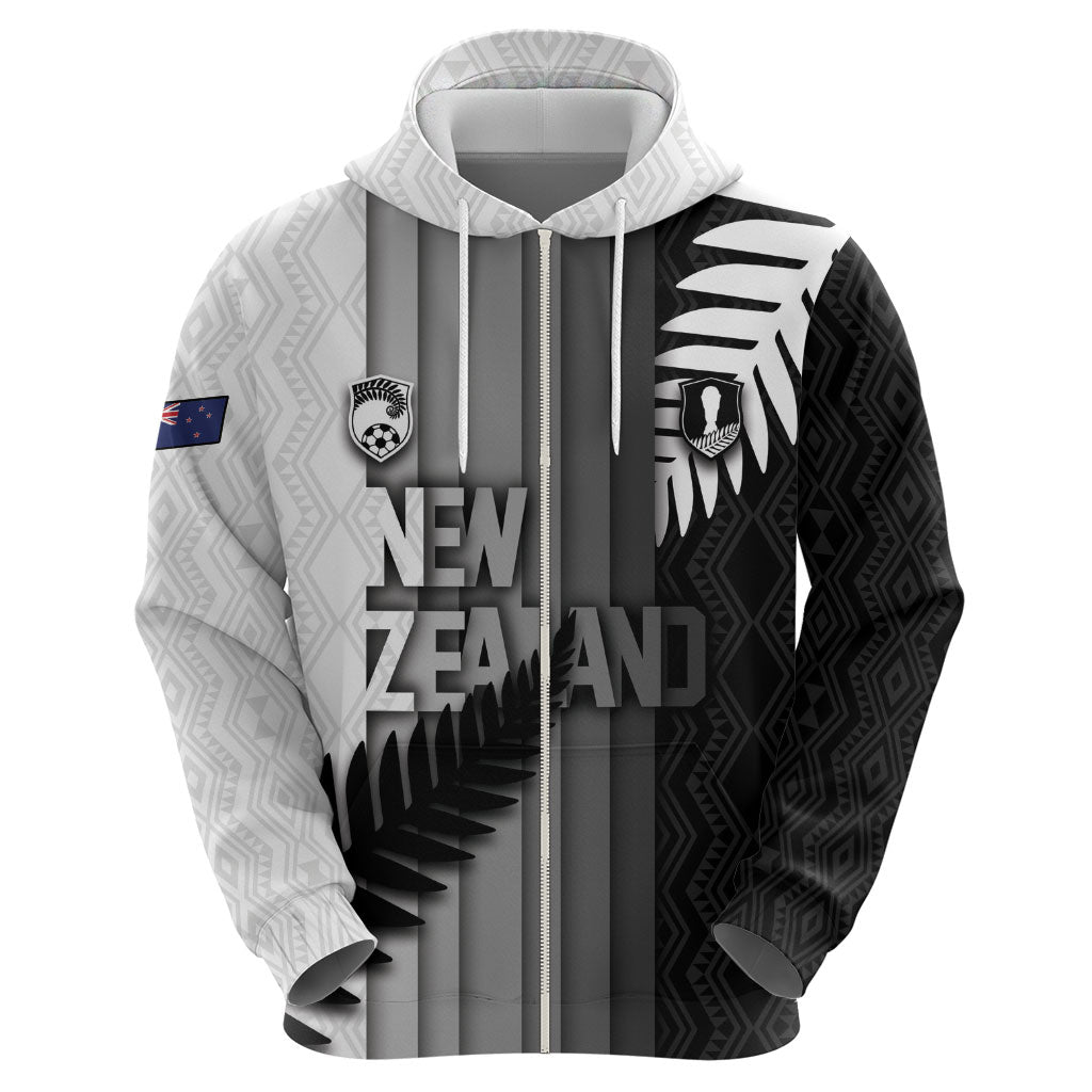Custom New Zealand Football Zip Hoodie Silver Fern Maori Pattern Monochrome DT05 - Polynesian Pride