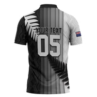 Custom New Zealand Football Zipper Polo Shirt Silver Fern Maori Pattern Monochrome DT05 - Polynesian Pride