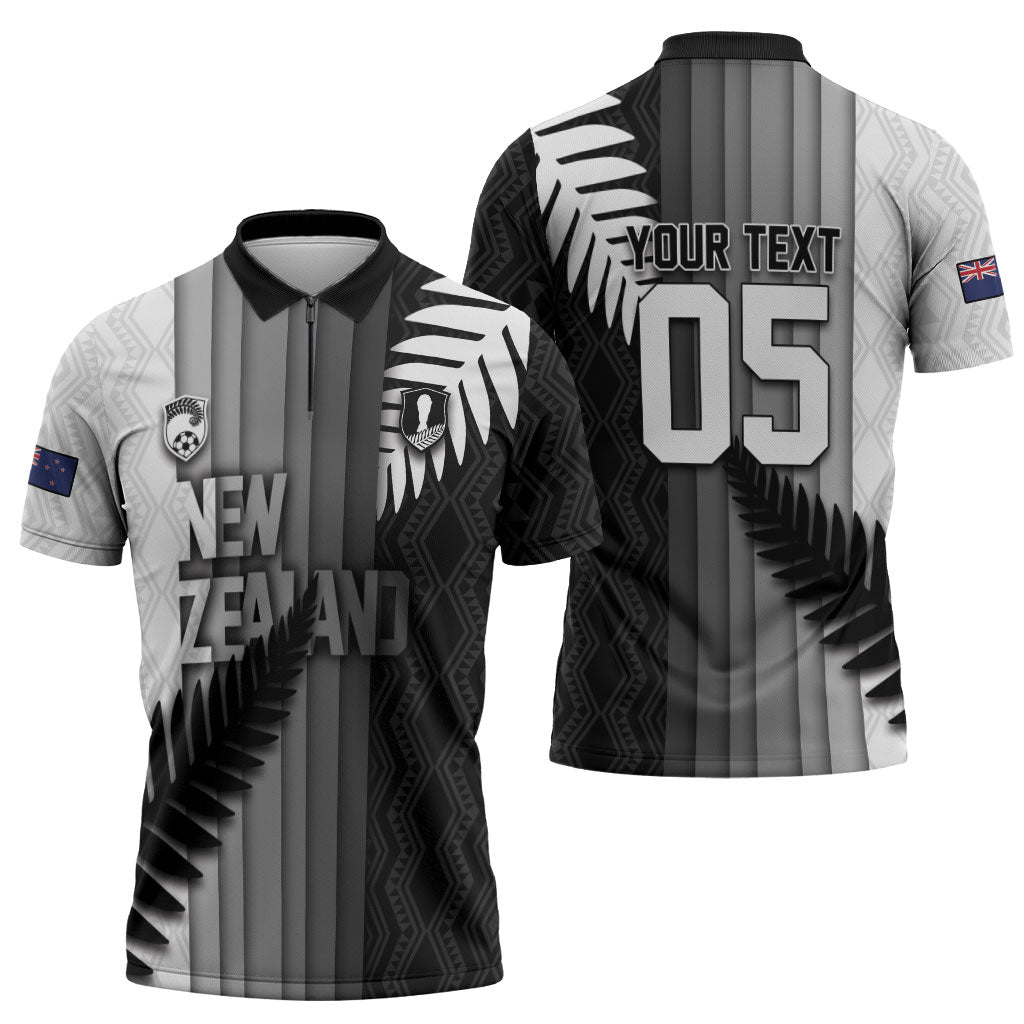 Custom New Zealand Football Zipper Polo Shirt Silver Fern Maori Pattern Monochrome DT05 - Polynesian Pride