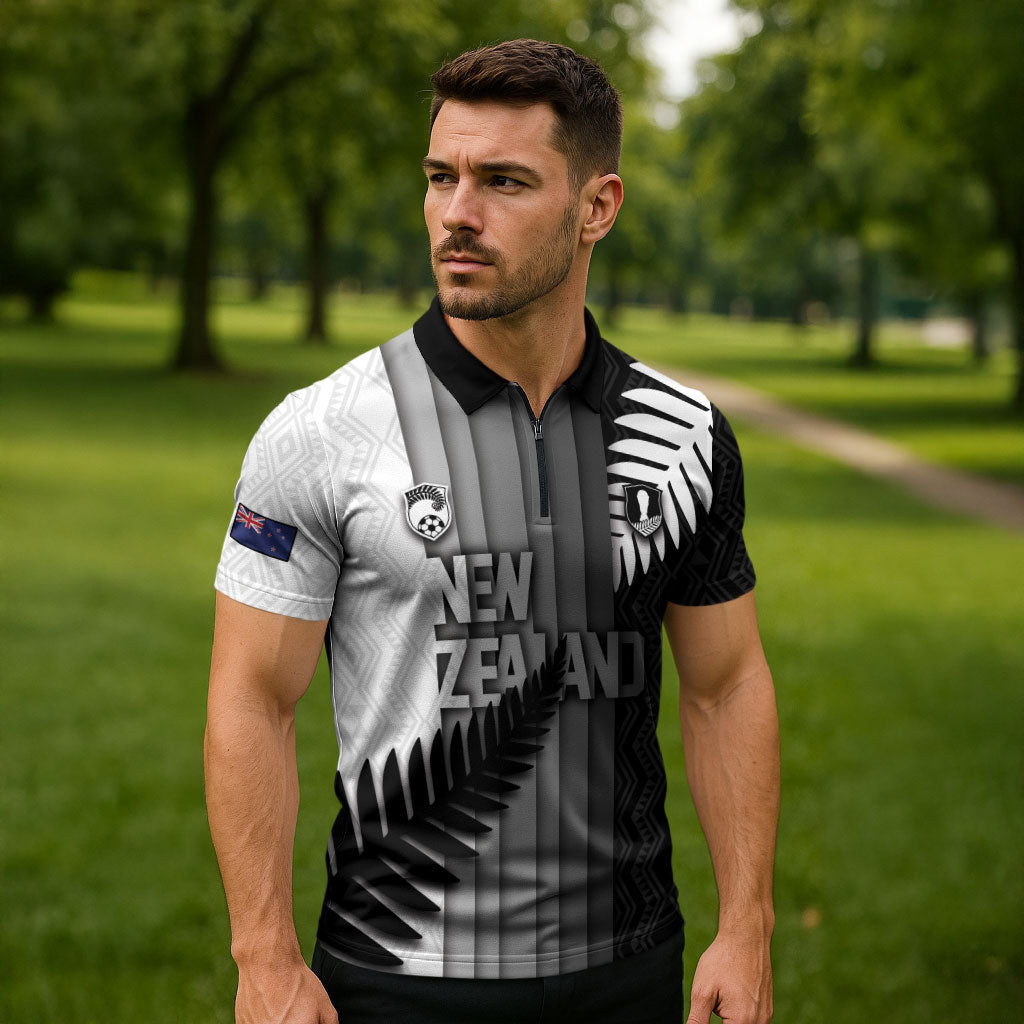 Custom New Zealand Football Zipper Polo Shirt Silver Fern Maori Pattern Monochrome DT05 - Polynesian Pride