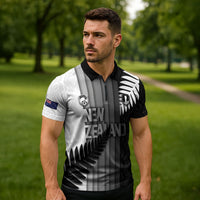 Custom New Zealand Football Zipper Polo Shirt Silver Fern Maori Pattern Monochrome DT05 - Polynesian Pride