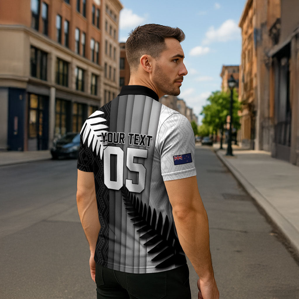 Custom New Zealand Football Zipper Polo Shirt Silver Fern Maori Pattern Monochrome DT05 - Polynesian Pride