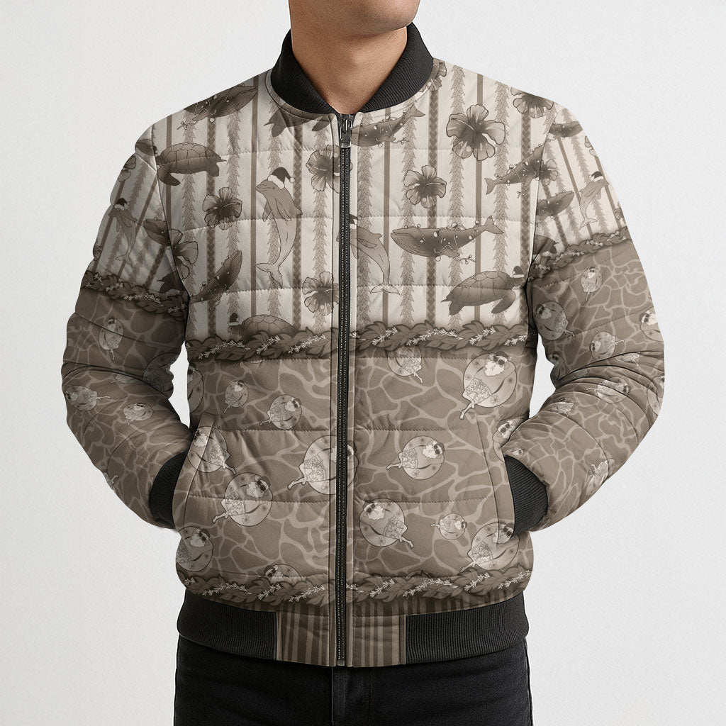 Hawaii Christmas In July Bomber Puffer Jacket Beige Mele Kalikimaka Sea Animals