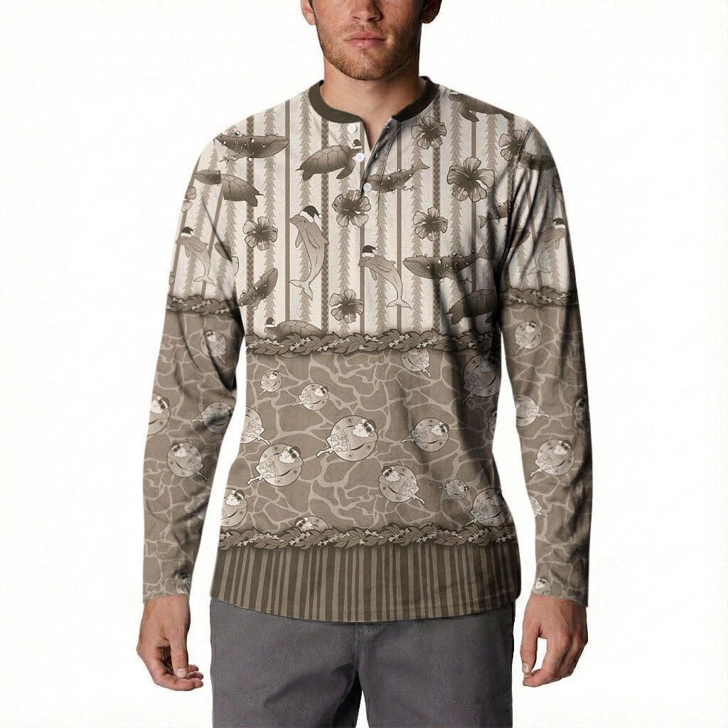 Hawaii Christmas In July Button Sweatshirt Beige Mele Kalikimaka Sea Animals DT05 - Polynesian Pride