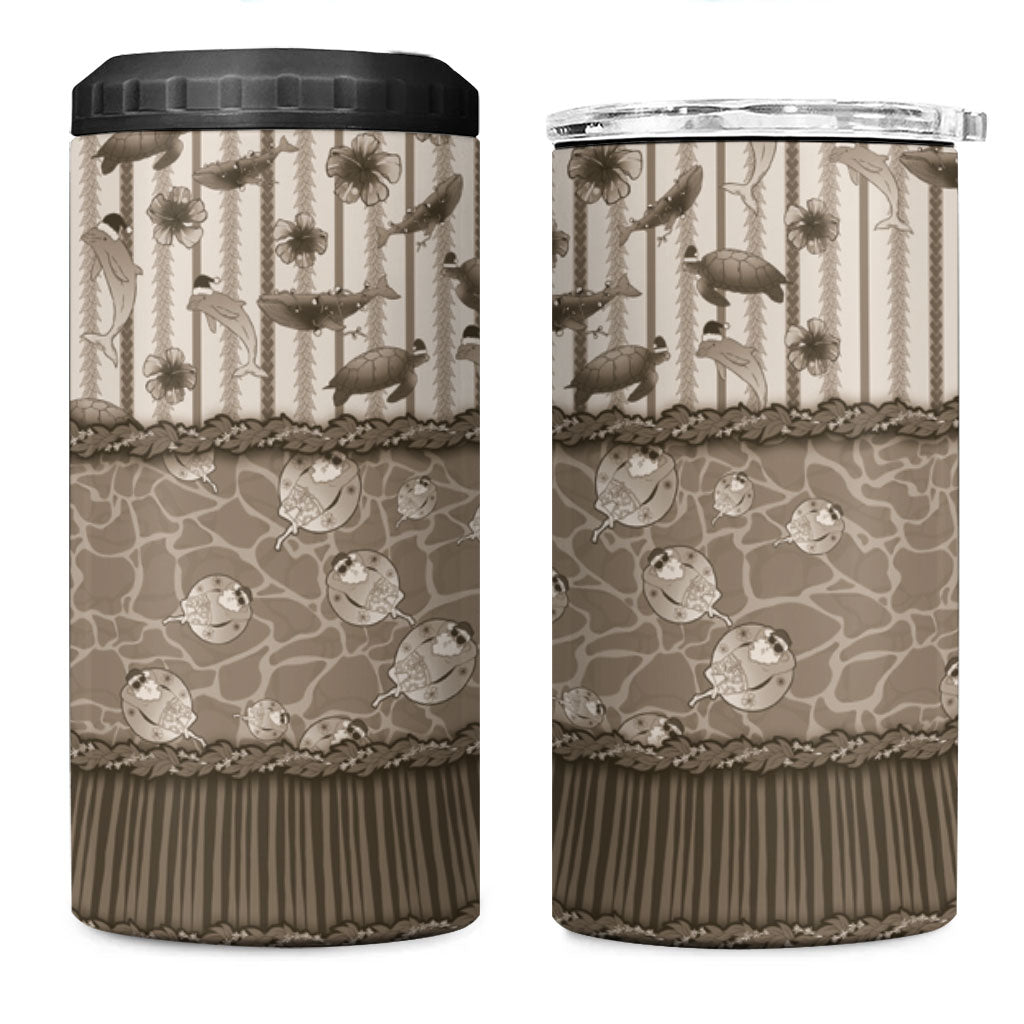 Hawaii Christmas In July 4 in 1 Can Cooler Tumbler Beige Mele Kalikimaka Sea Animals DT05 One Size: 16 oz Beige - Polynesian Pride