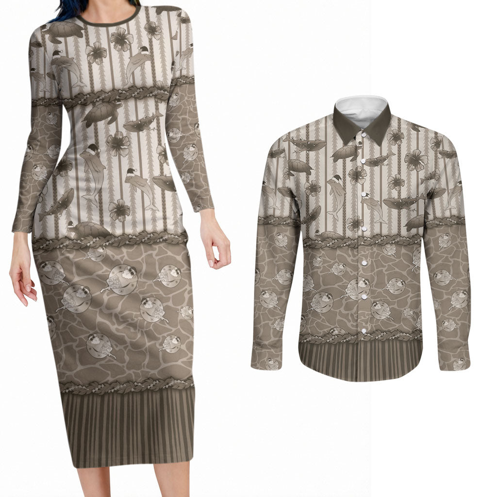 Hawaii Christmas In July Couples Matching Long Sleeve Bodycon Dress and Long Sleeve Button Shirt Beige Mele Kalikimaka Sea Animals DT05 Beige - Polynesian Pride