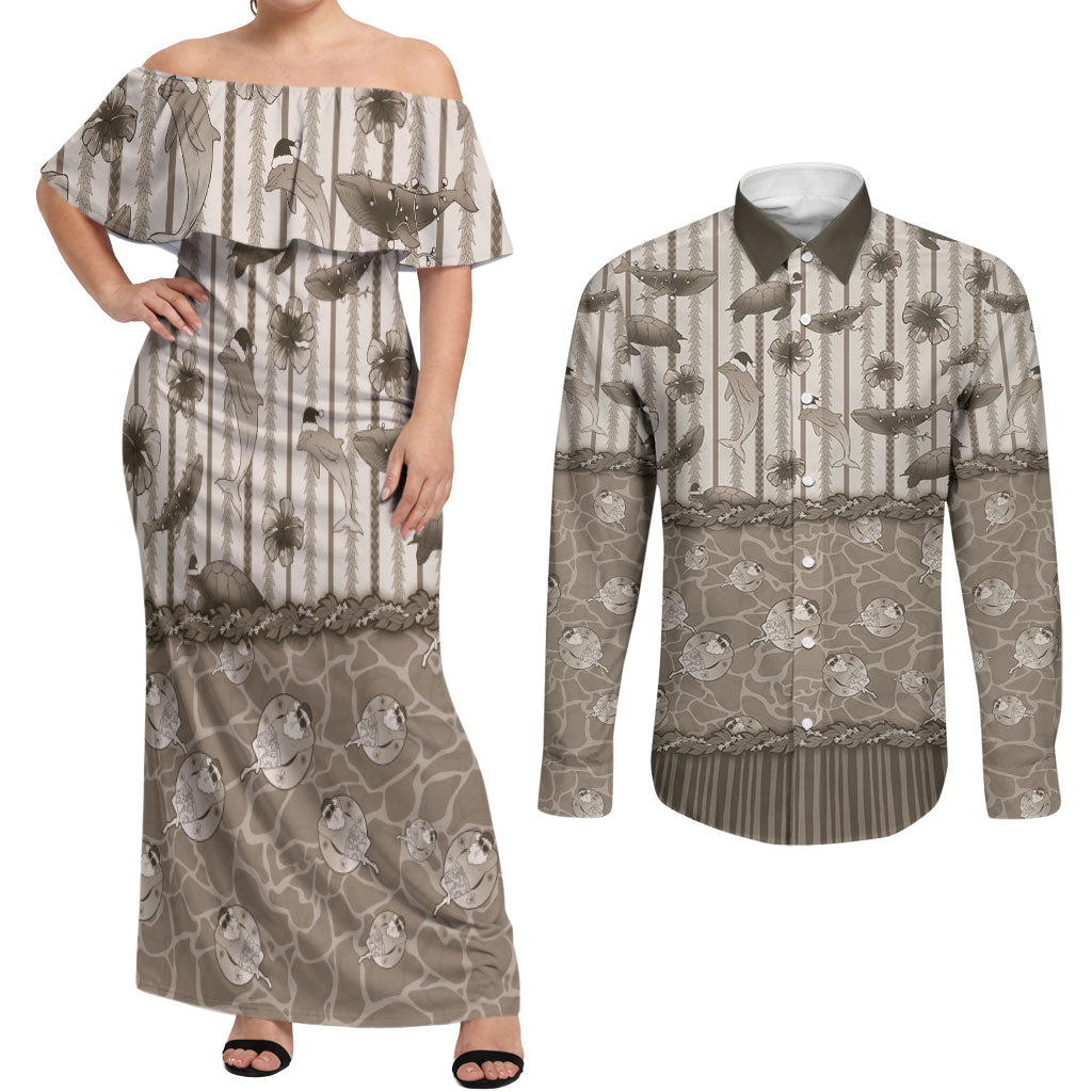 Hawaii Christmas In July Couples Matching Off Shoulder Maxi Dress and Long Sleeve Button Shirt Beige Mele Kalikimaka Sea Animals DT05 Beige - Polynesian Pride