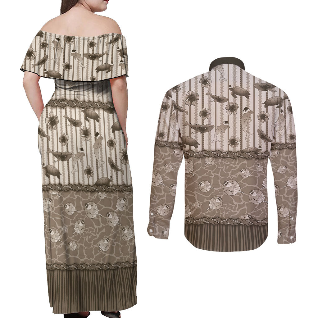 Hawaii Christmas In July Couples Matching Off Shoulder Maxi Dress and Long Sleeve Button Shirt Beige Mele Kalikimaka Sea Animals DT05 - Polynesian Pride