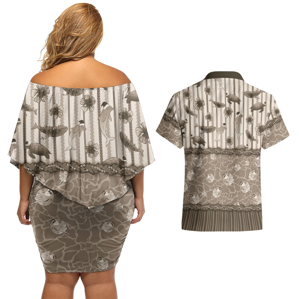 Hawaii Christmas In July Couples Matching Off Shoulder Short Dress and Hawaiian Shirt Beige Mele Kalikimaka Sea Animals DT05 - Polynesian Pride