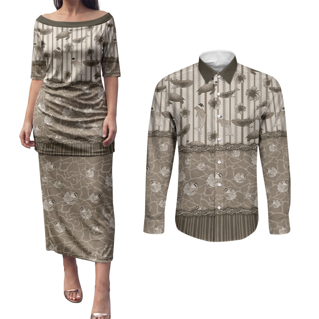 Hawaii Christmas In July Couples Matching Puletasi and Long Sleeve Button Shirt Beige Mele Kalikimaka Sea Animals DT05 Beige - Polynesian Pride